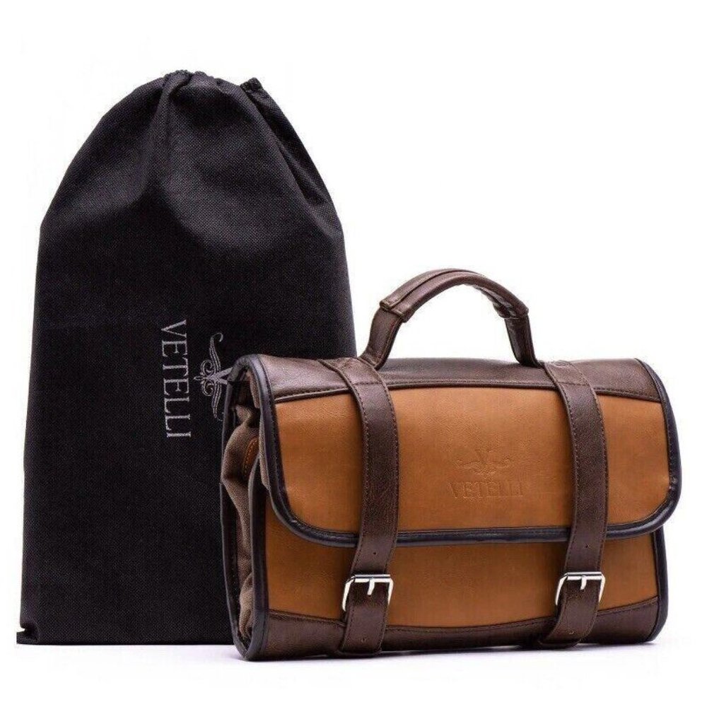 Vetelli Foldable Hanging Leather Travel Toiletry Bag for Men Dust Bag Included